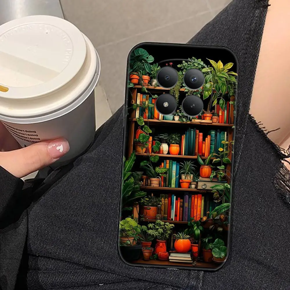 Phone Case For Xiaomi Redmi Note 15 14 13 12 12S 11 11T 11S 10 10S 9 Pro PLUS Silicone Shell Cover Cute Cat Vintage Bookshelf