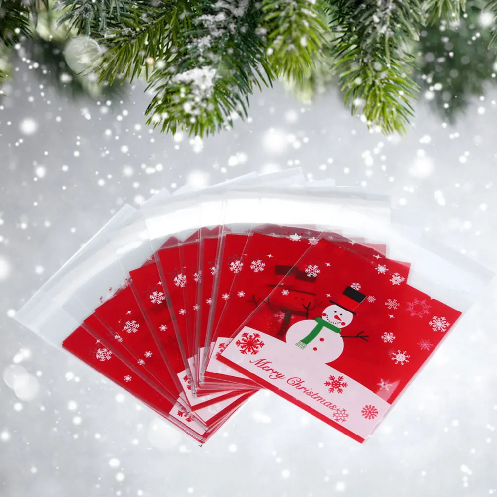 

200 Pcs Self Adhesive Christmas Candy Xmas Cookie Packaging Gift Storage Bags Snowman Pattern Premium Plastic Snack for Birthday