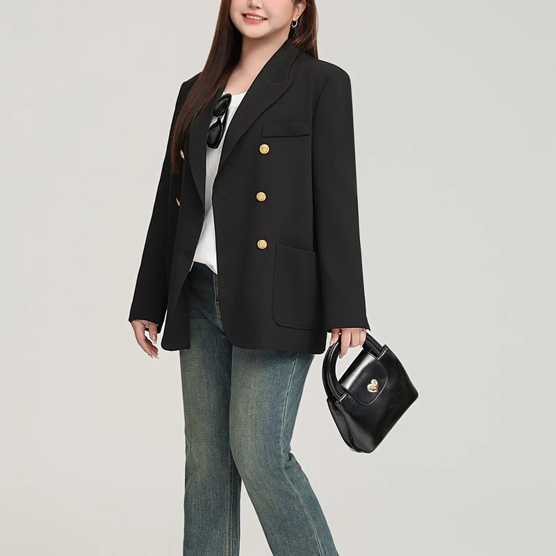 OL Plus Size Women Blazer Good Quality 2025 Spring French Commuter Premium Wide Shoulder Gold Buckle Business Suit Coat 9148