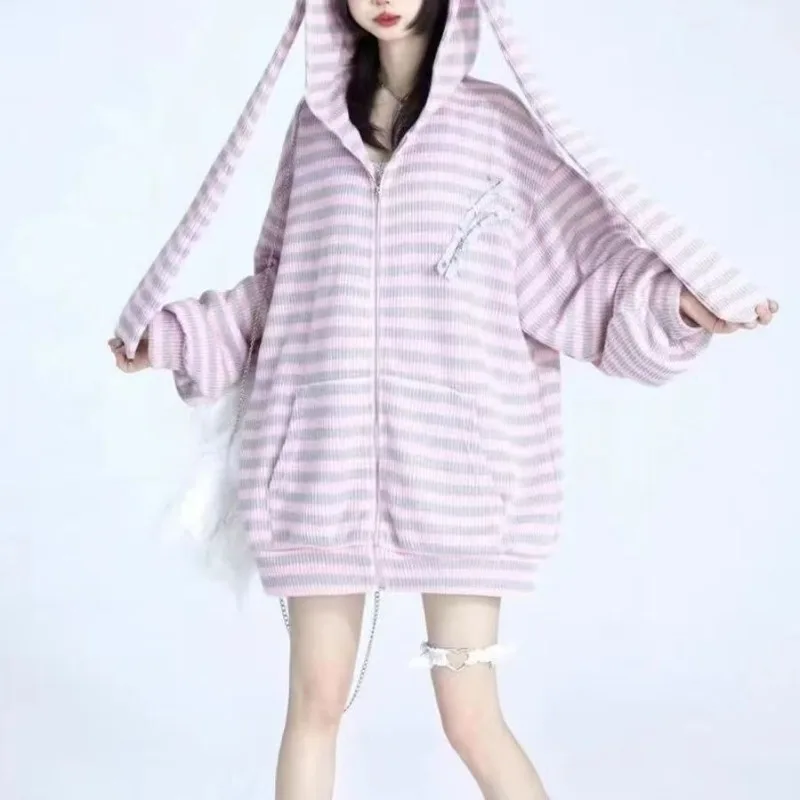 

YYAHAHAS New Striped Sweet Pink Hooded Knitted Cardigan Jacket Autumn and Winter Sweater Japanese Loose Top