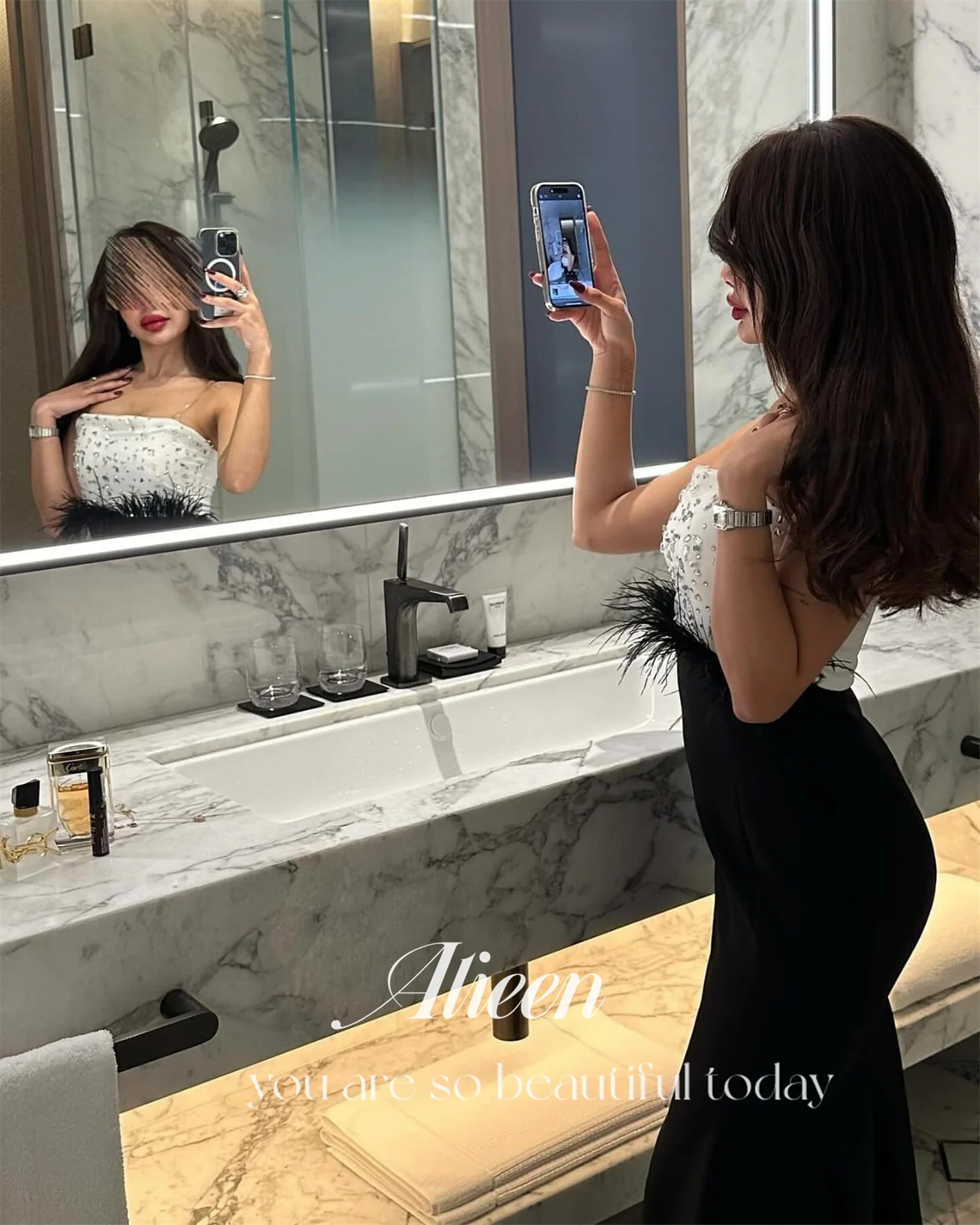 Aileen Feather Stone Black Customized Elegant Woman Wedding Party Dress Luxury Evening Dresses 2024 Gala Prom Graduation Women