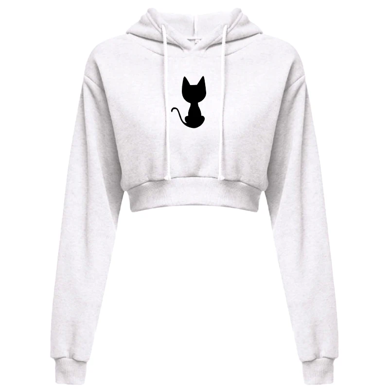 2023 Women's Sexy Cat Print Sweatshirt Long Sleeve Casual Pullover Hooded Short Sweatshirt Short Top Hoodie