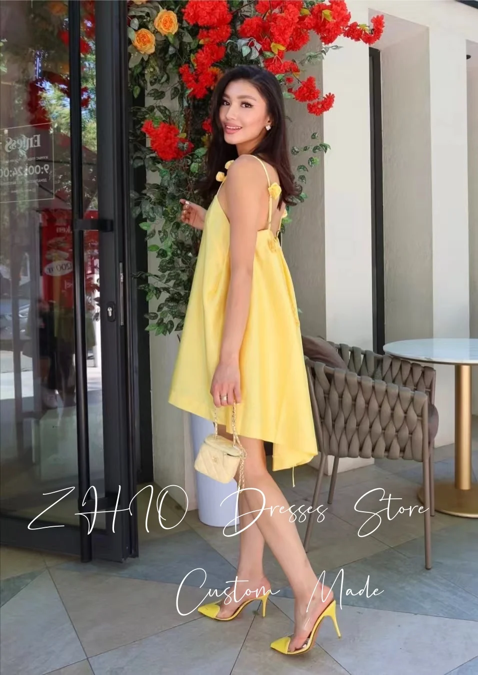 ZHIO Elegant Yellow 3D Flowers Spaghetti Strap Birthday Party Dress A-Line Satin Draped Special Occasion Short Dresses Custom