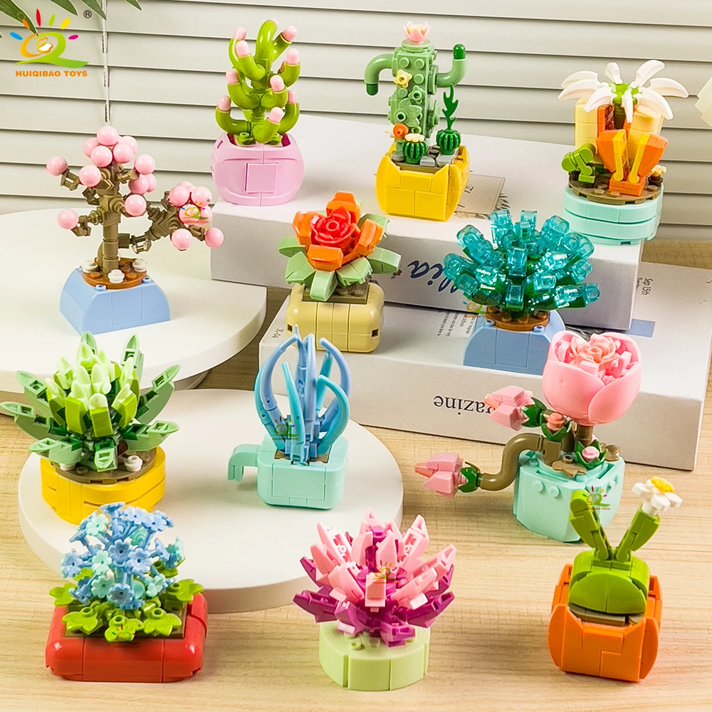 HUIQIBAO MOC Blume Sukkulenten Topf Modell Baustein DIY Ewiger Blumenstrauß Home Schreibtisch Pflanze Dekor Ziegel Mädchen Geschenk Kinder Spielzeug – Detail 4