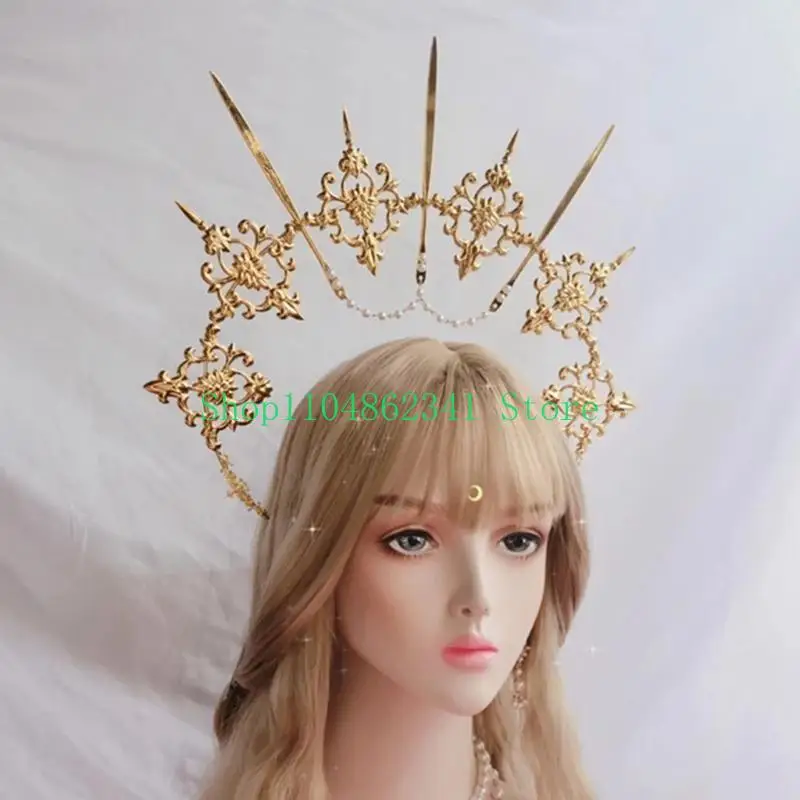 

652F Double Layer Crown Hair Hoop Gothic Headband Metal Godness Headbands Halloween Costume DIY Materials