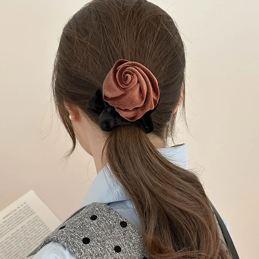Velvet Rose Flower Scrunchie Elastic Hair Tie French Style Daily Wear Premium Soft Cozy Elegant Black