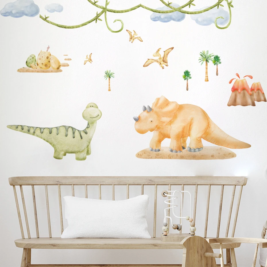 

Watercolor Cartoon Dinosaur Triceratops Wall Stickers for Nursery Kids Room Decor Removable PVC Wall Decals Art Murals DIY