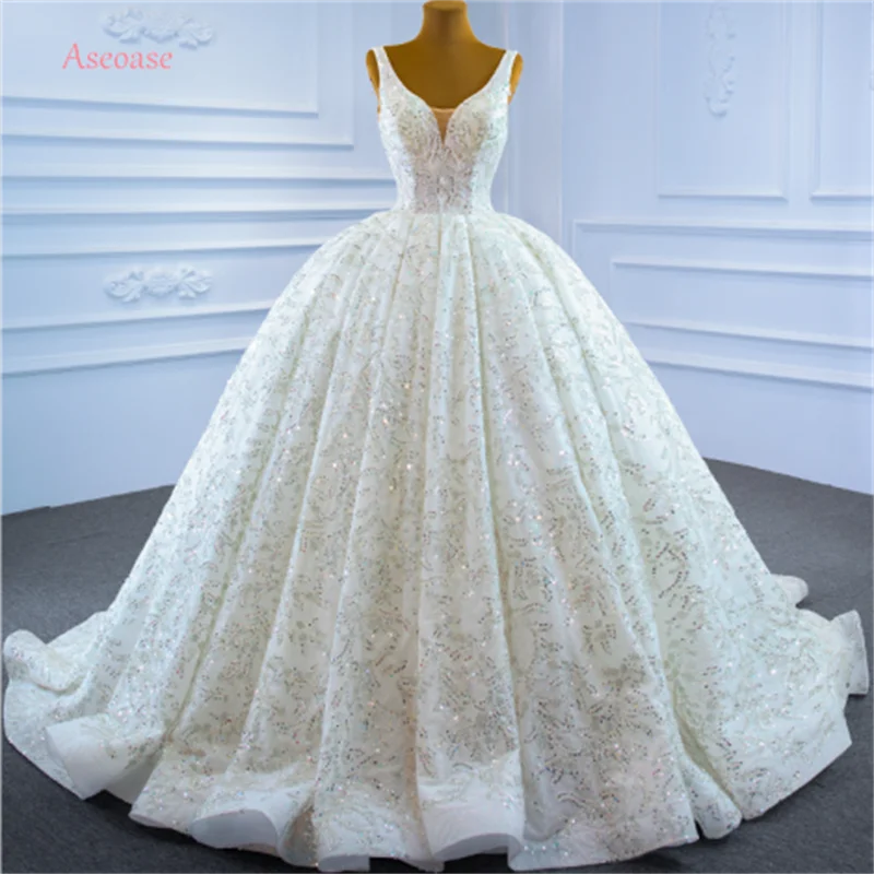 Aseoase Real Photo Luxury Wedding Dresses Ball Gown V-neck Tulle Beaded Puffy Dubai Arabic Wedding Gown Bridal Dresses