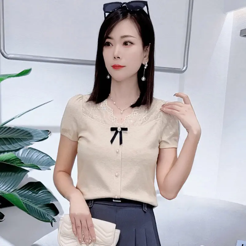 Lace Hot Diamond V-neck Short-sleeved T-shirt Spliced lake Bow Base Shirt Fake Cardigan Slim Short Women's Top