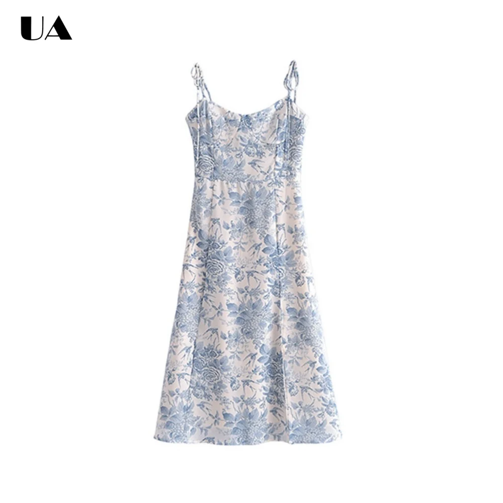 

Fashionable Printed A-line Midi Dress with Spaghetti Strap, Trendy Ruched Short Dress for Woman, Vacation Style Sleeveless Dress