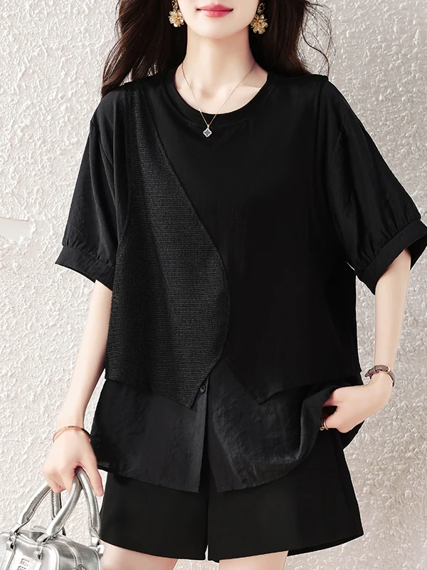 

Fashionable Lace Splice Casual Style plus Size T-Shirt Summer Breathable Loose Fit round Neck Short Sleeve Top for Women