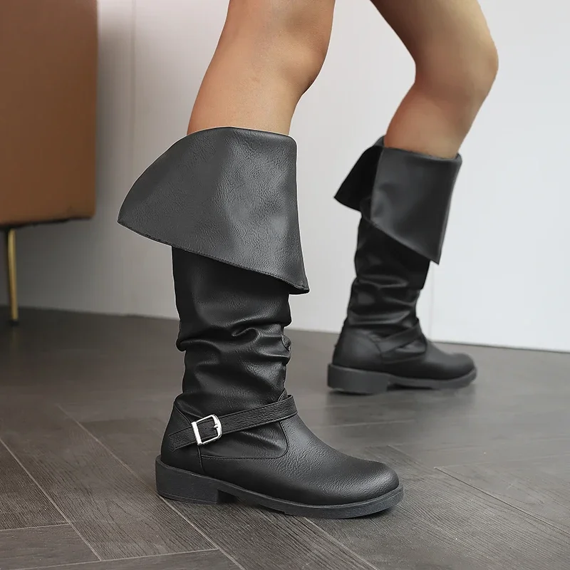 

2025 Leisure Riding Boots Low Square Heel Chunky Heels Slip on Buckle Strap Pleated Knee High Boots Folding Women Shoes Winter
