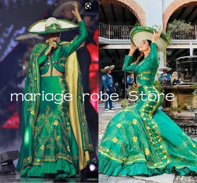 Traje Charro Verde Mermaid Prom Occasion Dresses with Cape Three Pieces Set Outfit Embroidery Lace Mexicano Evening Dress
