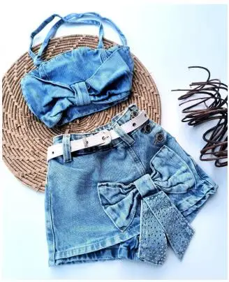 1-5Y Fashion Toddler Baby Girls 2Pcs Denim Set Sling Plain Camisole Bow Skirts Children Cozy Outfits Suit