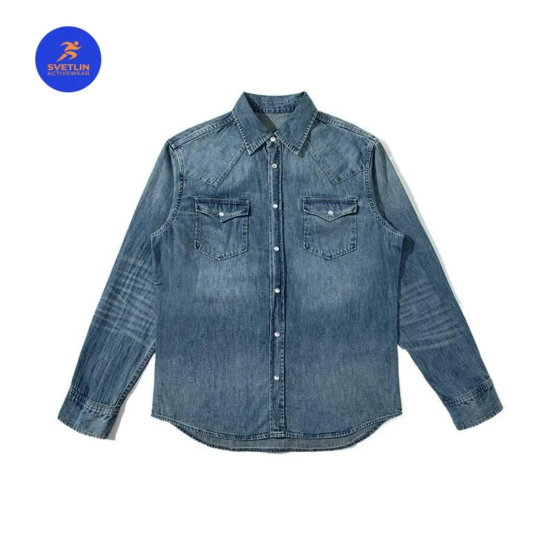 SVETLIN EU US Size Luxury Quality Jean Shirt Street Outdoor Stone Washed Distressed Casual Men Denim Shirt