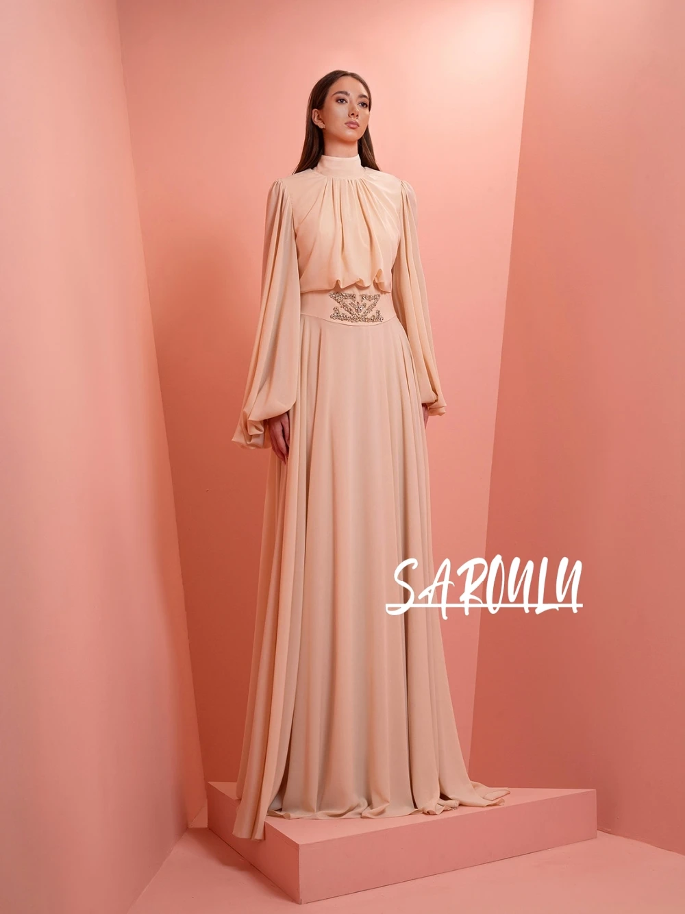 قفطان متواضع ذو رقبة عالية بالإضافة إلى حجم فستان سهرة أنيق من الشيفون الناعم مطرز بالخرز فستان كوكتيل مخصص للنساء #1