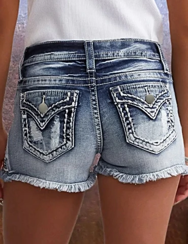 Ripped denim shorts with stretch, slim fit and versatile design, embroidered denim shorts for women