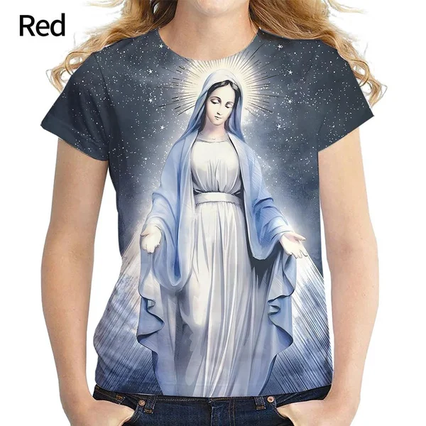 Moda feminina Virgem Maria Impressão 3D T Shirt Verão Cristão Mãe de Deus Personalidade Blusa Manga Curta