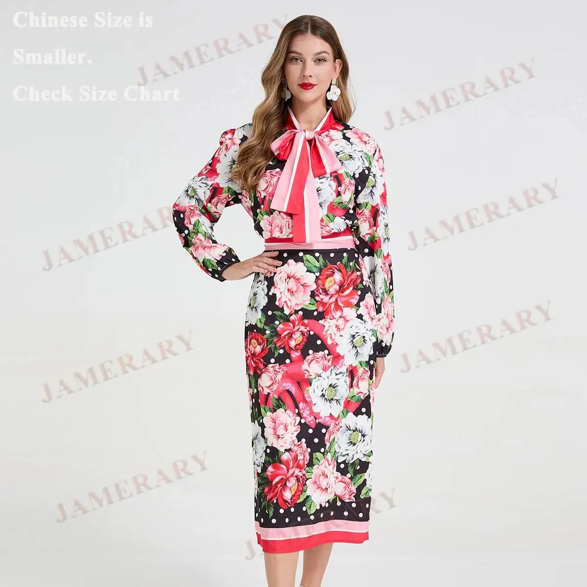 

Runway Sicilian Summer Print 2 Piece Set Women Floral Blouses Laces Bow Shirt Long Sheath Pencil Skirt Suit Autumn Office Outfit