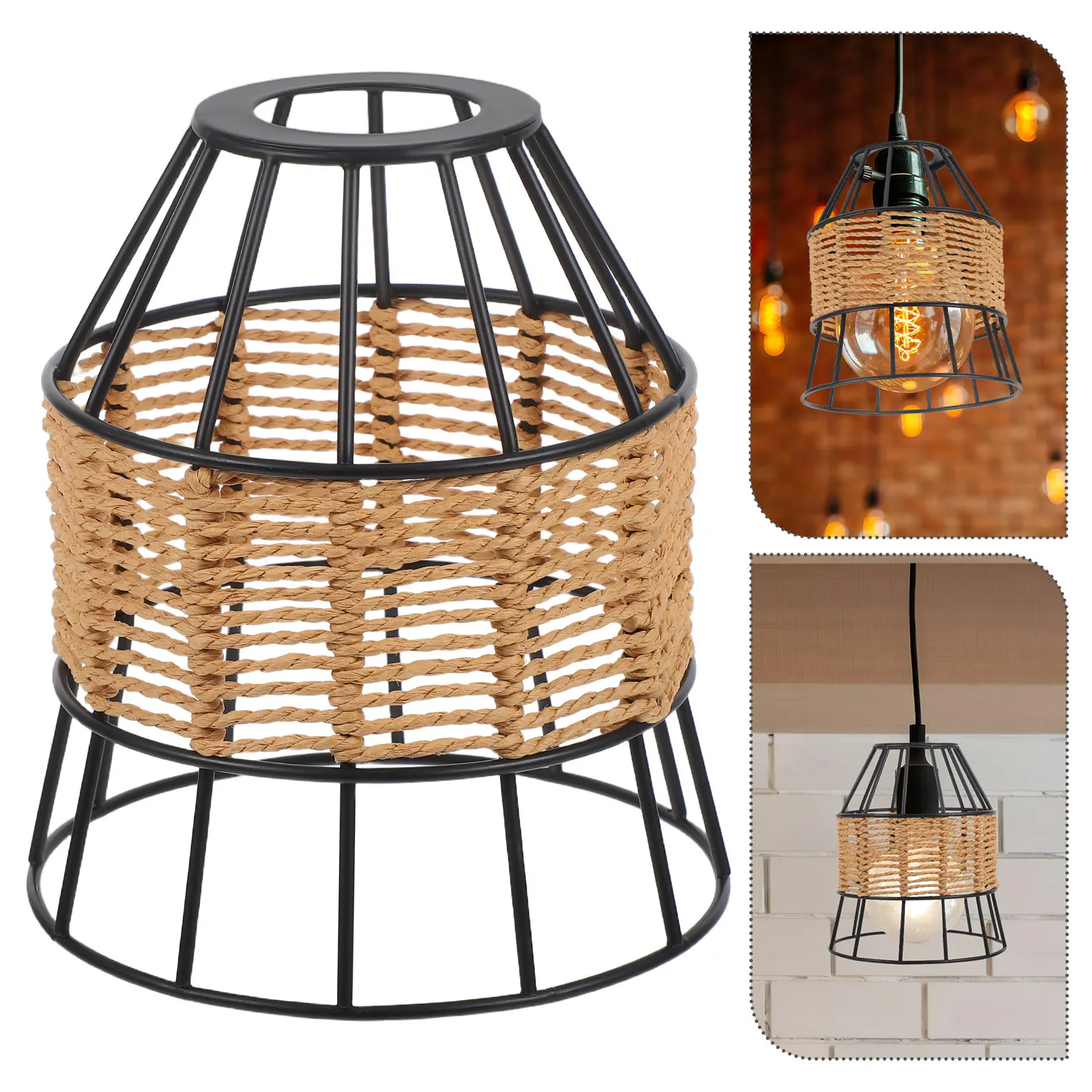 

Vintage Lampshade with Hollow Metal Frame Handmade Woven Paper Rope Pendant Lights Cover E27 Compatible for Dining Room Decor
