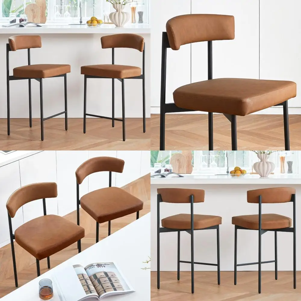Sepasang Kursi Bar Kulit Imitasi Modern 24-Inci dengan Sandaran Melengkung untuk Tinggi Meja Dapur