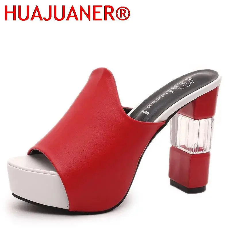 

Ladies Leather Sole Slippers Women Sexy High Heel Mules Clogs Black Peep Toe Platform Mules Emal Slip on Sandals Shoes Slides