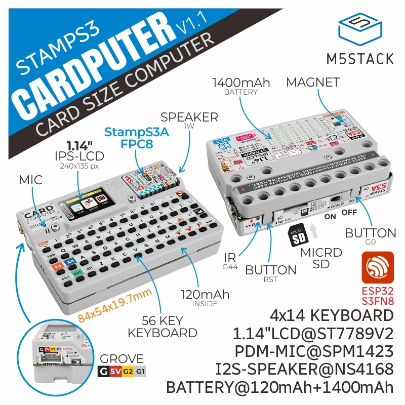 M5Stack Cardboard v1.1 Card Computer 56 Keys Programmable Development Board StampS3A