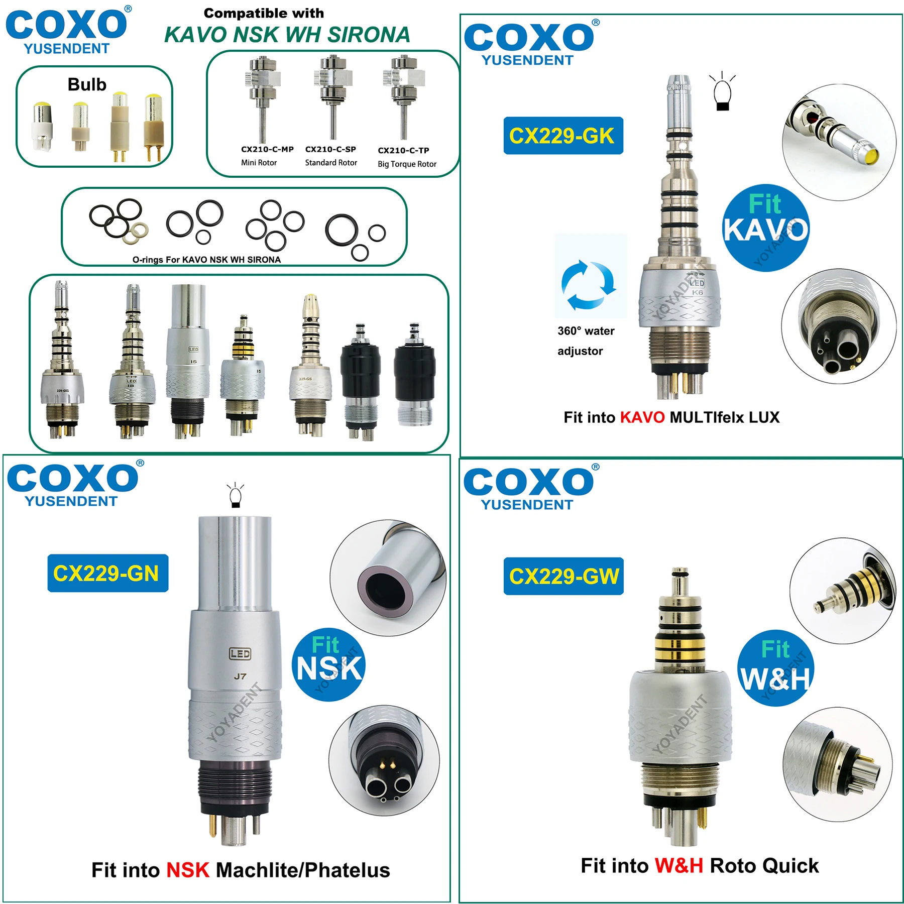 

COXO Dental Turbine Cartridge 6 Pin LED Coupling O-rings Coupling High Speed Handpiece Fit KAVO WH SIRONA NSK B2/M4 QD-J