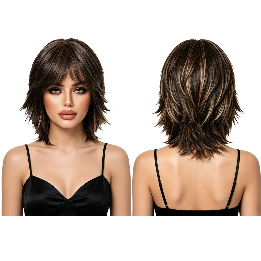 Short Layered Wig Blonde Highlights Shaggy Bob Wig With Bangs Natural Heat Resistant Synthetic Hair For Women Daily Cosplay