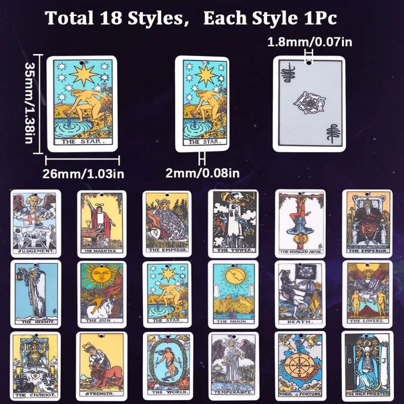 18pcs 1 Box 18 Styles Tarot Charms Tarot Card Charms Tarot Charm Bulk Acrylic Lucky Fortune Charms Astrology Divination Charms