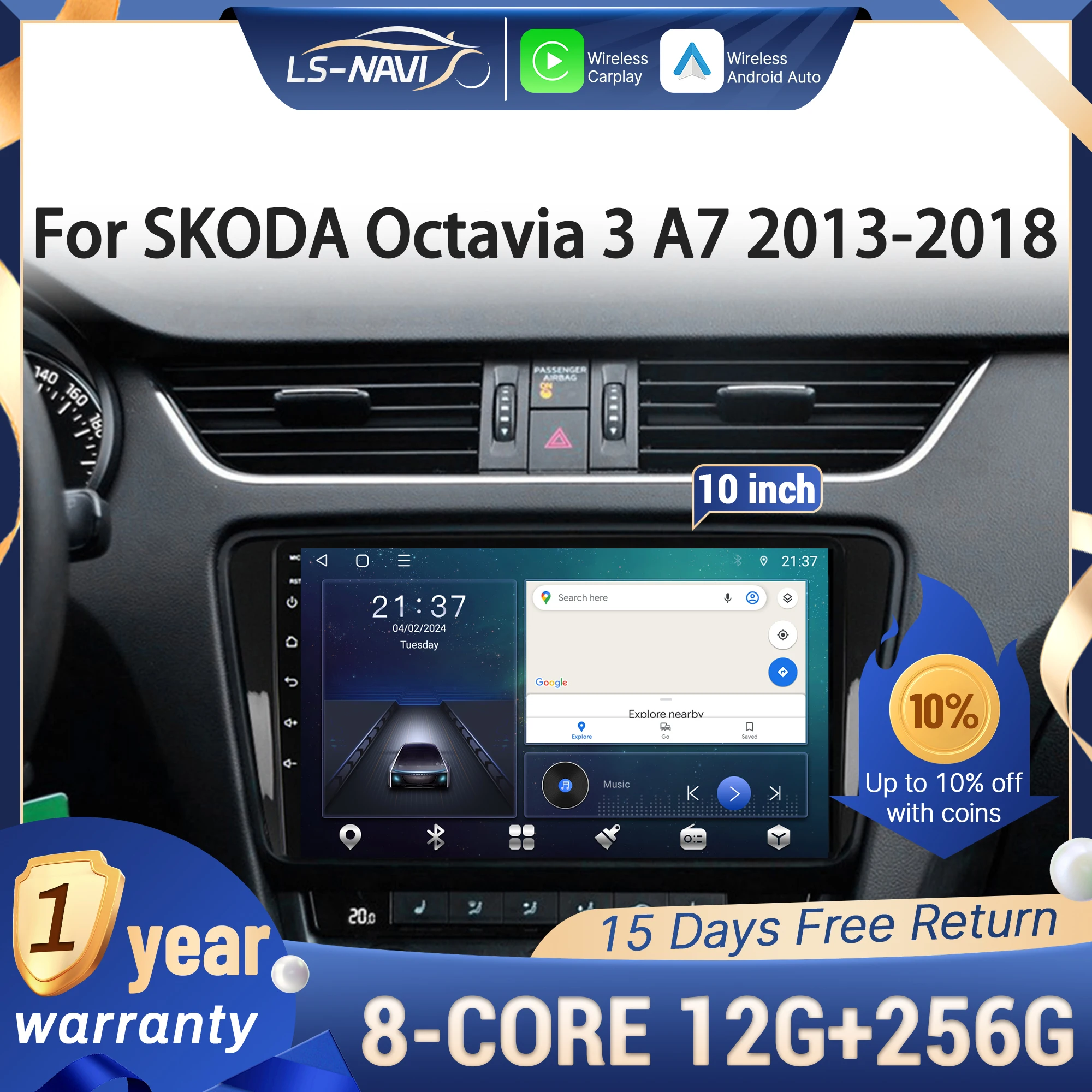 

For SKODA Octavia 3 A7 2013-2018 Wireless CarPlay Multimedia Car Radio Android 14 Navigation Touch Screen Stereo