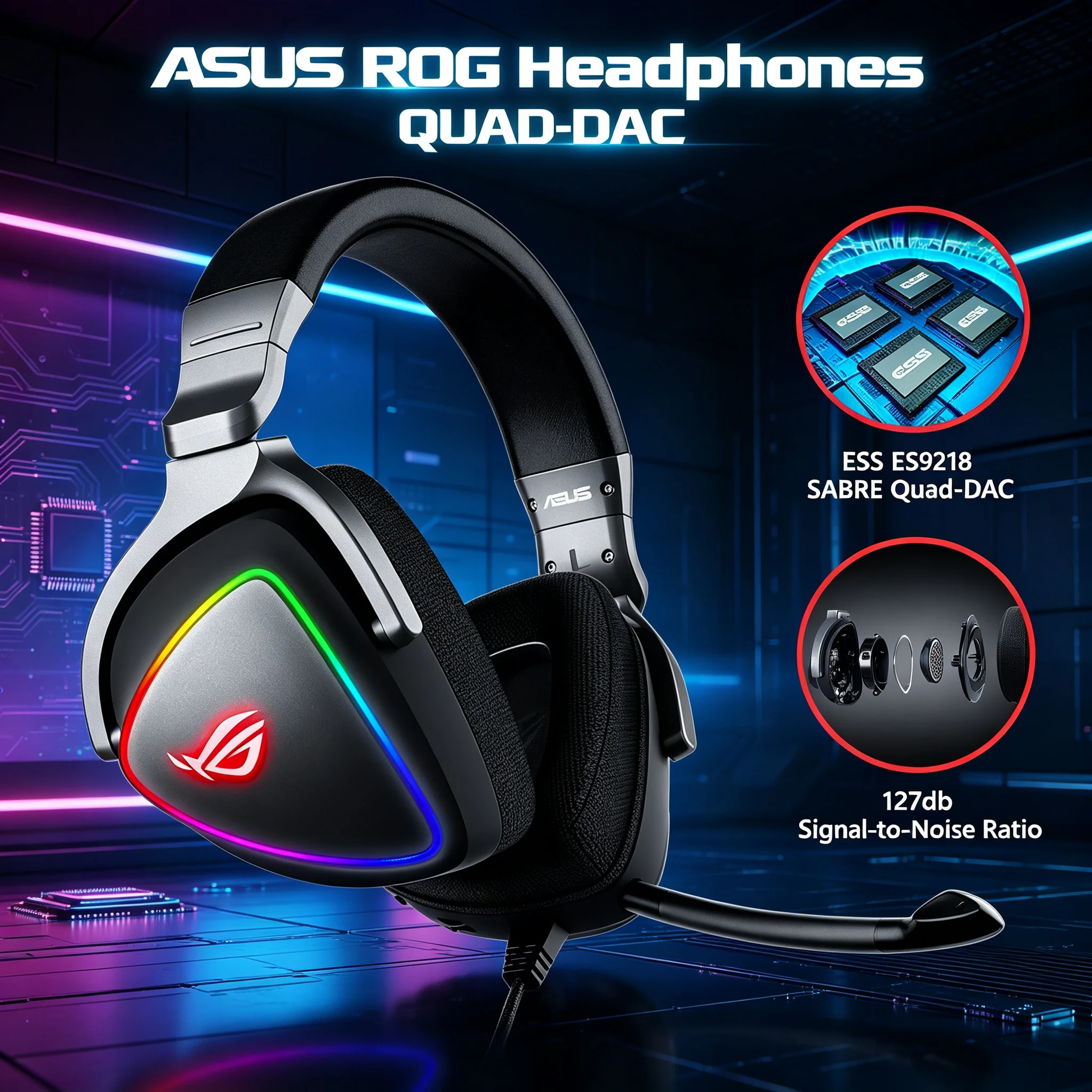 Fone de ouvido gamer ASUS ROG Delta QUAD-DAC RGB com som surround 7.1, fones de ouvido USB over-ear com microfone com cancelamento de ruído e