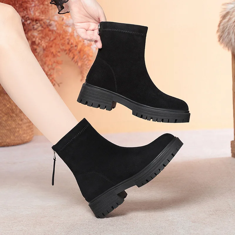 

4.5cm All Match Vintage Comfortable Frosted Leather Boots Winter Fur Shoes 2026 Womens Square Heels Short Ankle Boots Office Mom