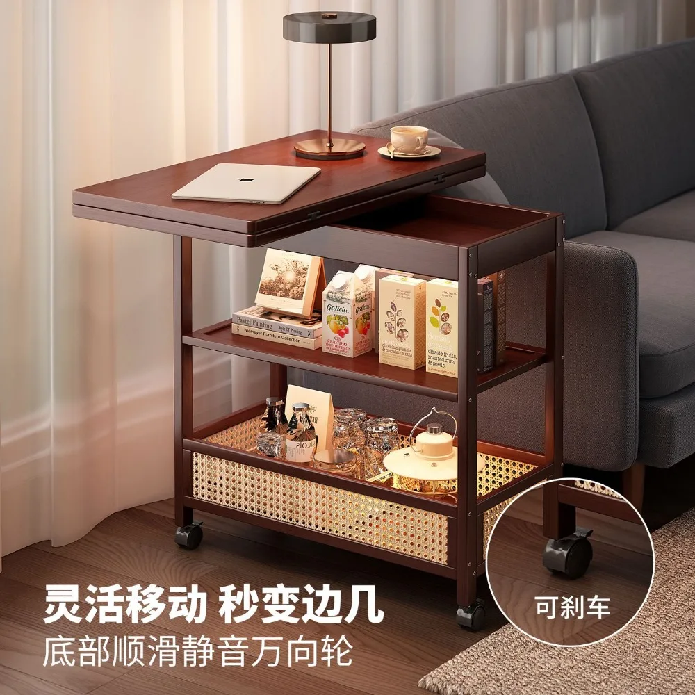 Mobile coffee table sofa side table locker living room household small apartment non-solid wood medieval cart folding table