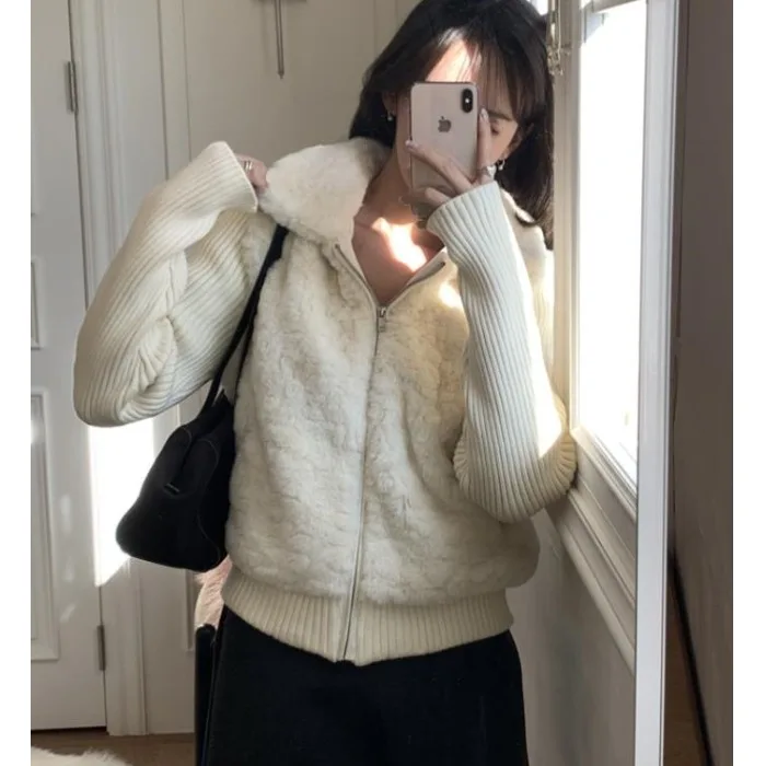 

Women's Winter 2025 Fur Jaet High Collar Knitted Splicing Slimming Fake Two-Piece Sle Long Sve Cardigan Outerwear