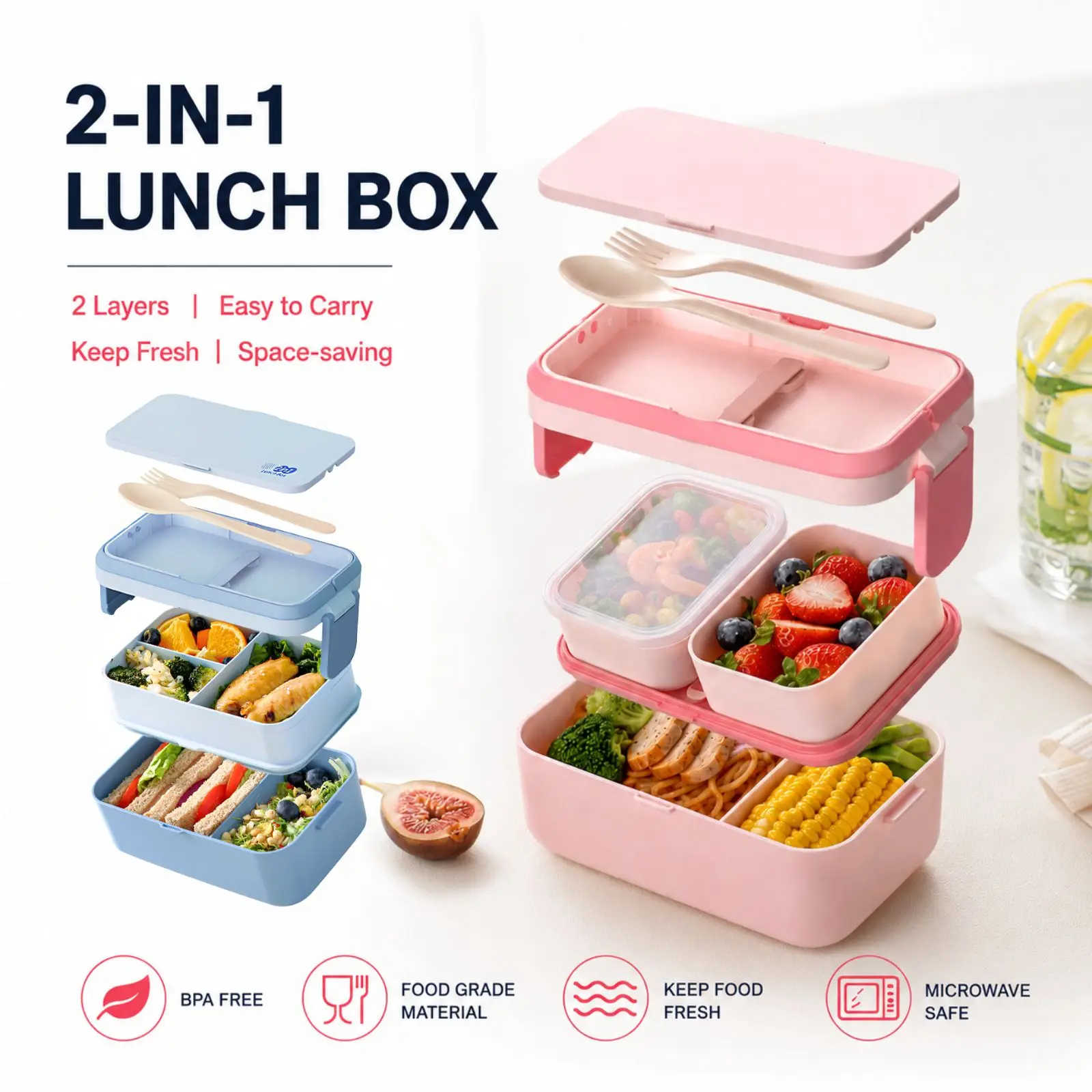 2-Schichtige / Einzelne Bento-Box mit Griff, Große Auslaufsichere Lunchbox, Snack-Aufbewahrungsbehälter für Kinder, Mikrowellengeeignet