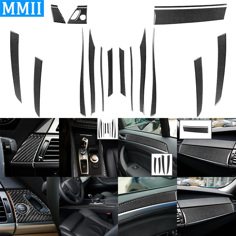 

19 Pcs Carbon Fiber Door Co-pilot Storage Box Gear Shift Panel Both Side Trim Car Interior Sticker For BMW X5 E70 2007-2009