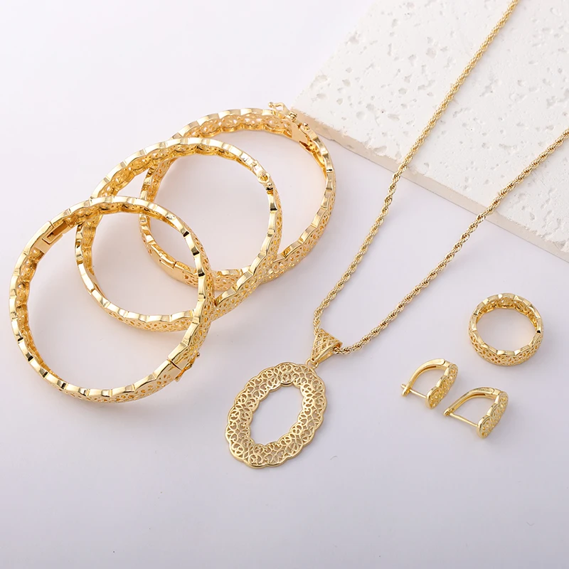 LUIZADA Morocco Trend 18k Gold Color Jewelry Set for Party Design Earrings and Pendant Necklace Bracelet Ring Set for Engagement