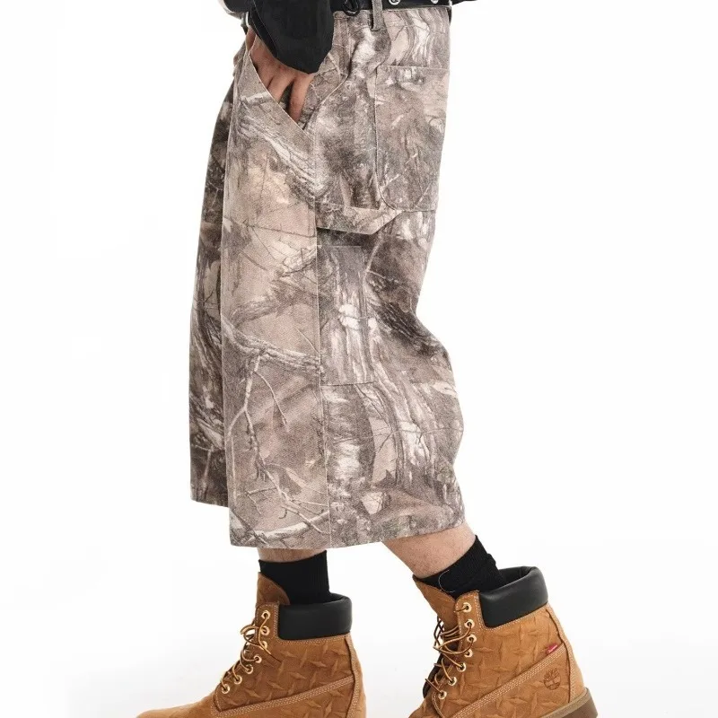 

2026 Summer New Men's American Retro Washed Tree Camo Cargo Shorts Loose High Street Casual Knee Length Jorts