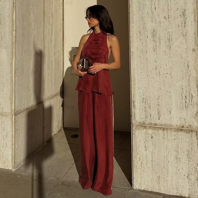 ملابس نسائية جديدة بدون أكمام رقبة مستديرة بلون سادة سراويل واسعة الساق مزاجه ركاب بدلة على الموضة بنطلون رقبة حمراء #1