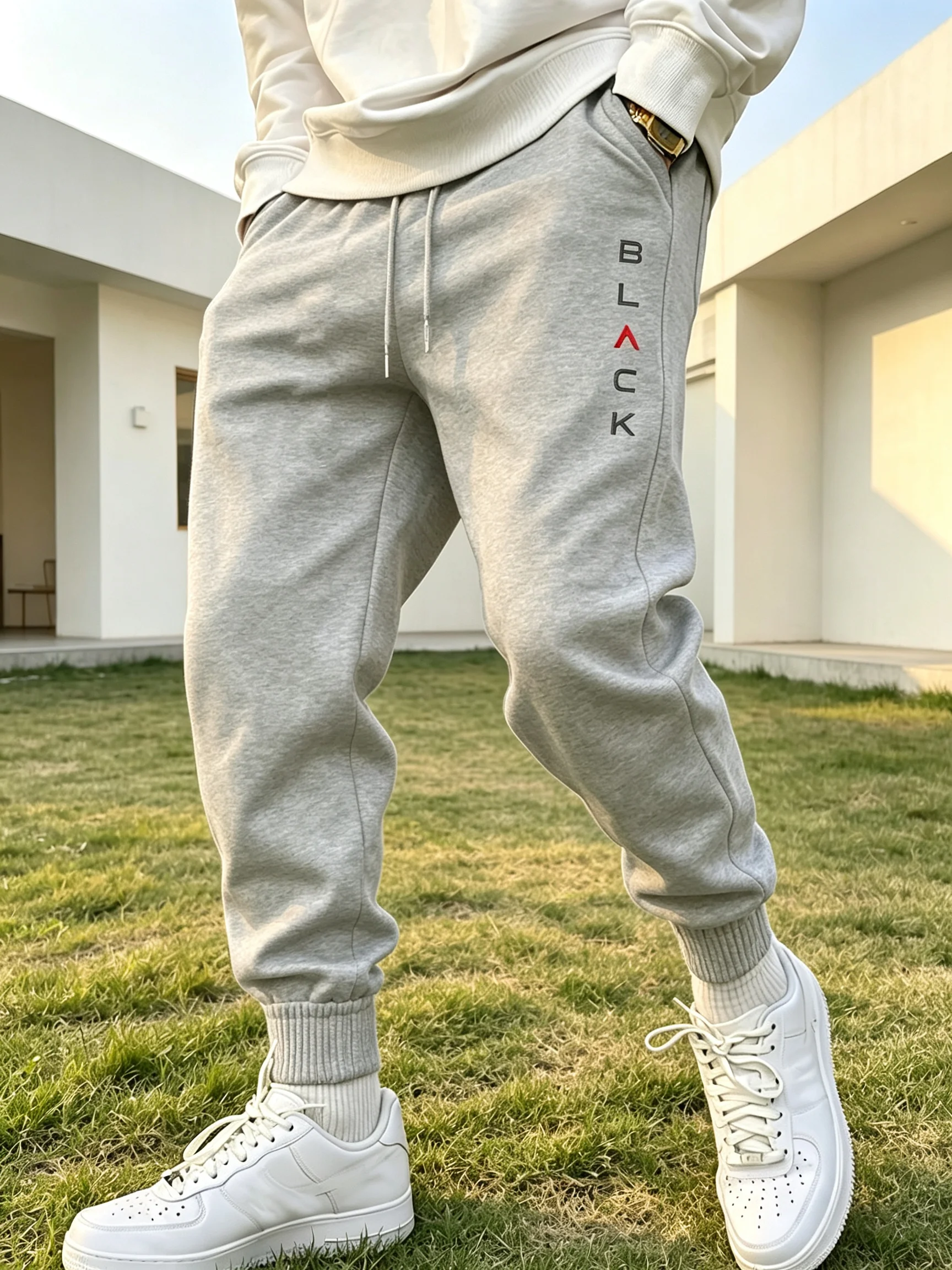 Schwarze Herren-Sporthose mit Schriftzug, Urbane Casual-Mode-Hose, Ganzjährig für Zuhause und Outdoor, Bequeme Weiche Jogginghose, Herrenbekleidung – Detail 19