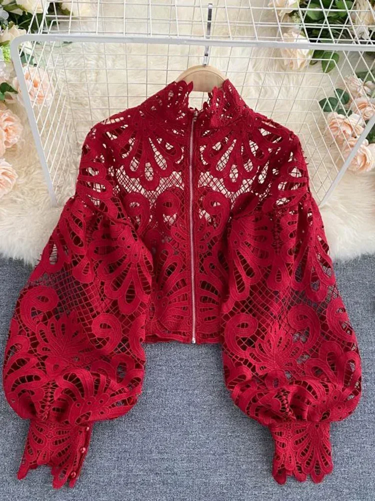 Spring Summer New Fashion Blouse Female Hollow Lantern Sleeve Temperament Blusa Stand-up Collar Slim Short Lace Shirt C342