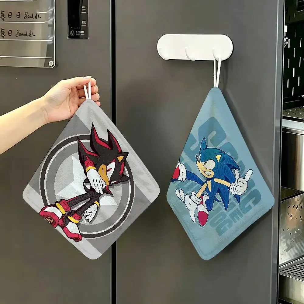 Cartoon S-Sonics Hanging Kitchen Towel, Polyester Cotton Fabric, Absorbent Hand Wiping Towel For Home Dormitory