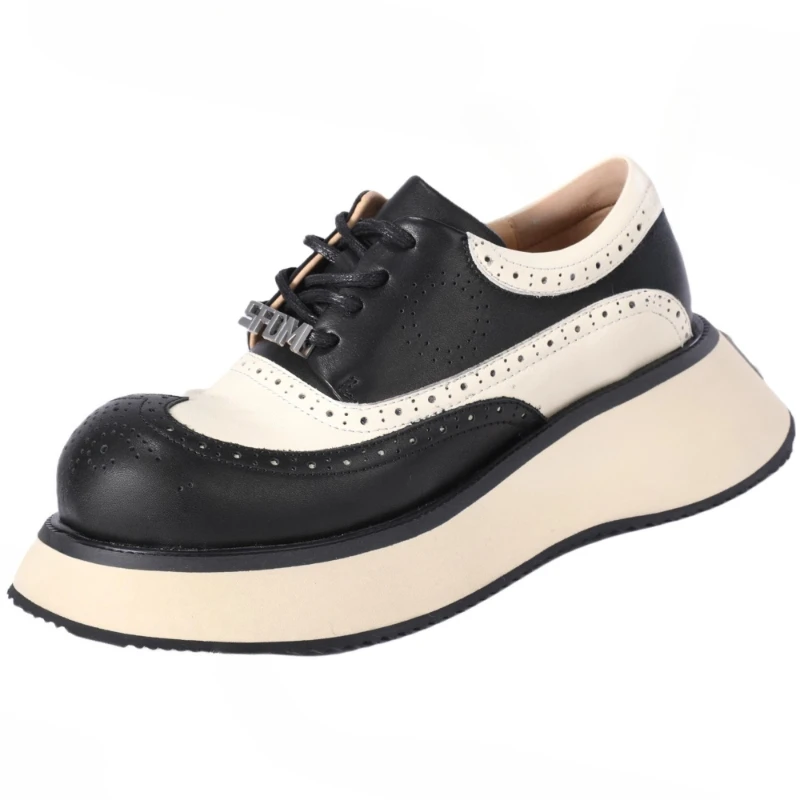 Black and Brown Design Derby Shoes for Men's Thick Soled Height Increasing Shoes Male Genuine Leather Carved Casual Oxhide Shoes