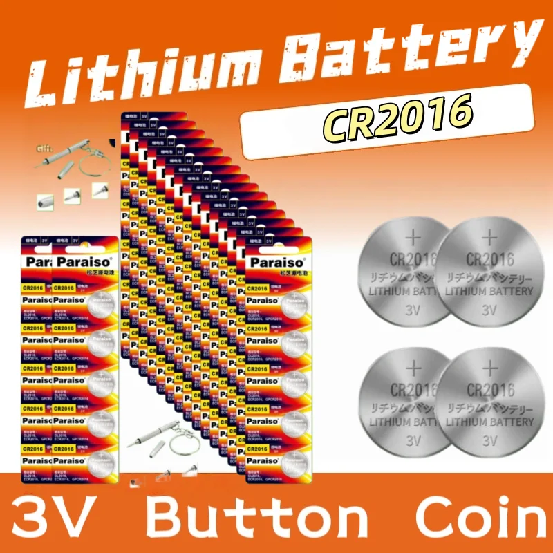 5-100PCS CR2016 3V Lithium Button Battery DL2016 ECR2016 BR2016 Coin Cell for Watch Car Key Remote Control Mainboard