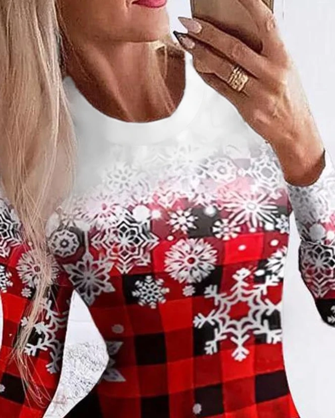 Women's Dresses 2024 New Christmas Snowflake Plaid Print Casual Dress Round Neck Long Sleeve A-Line Dress Mini Christmas Dress