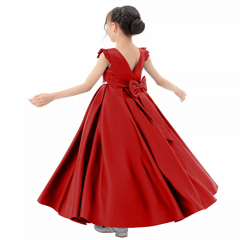 Robe rouge à fleurs pour filles, ceinture brillante, grand nœud, occasion formelle, robe de soirée, robe de princesse élégante pour bébé fille