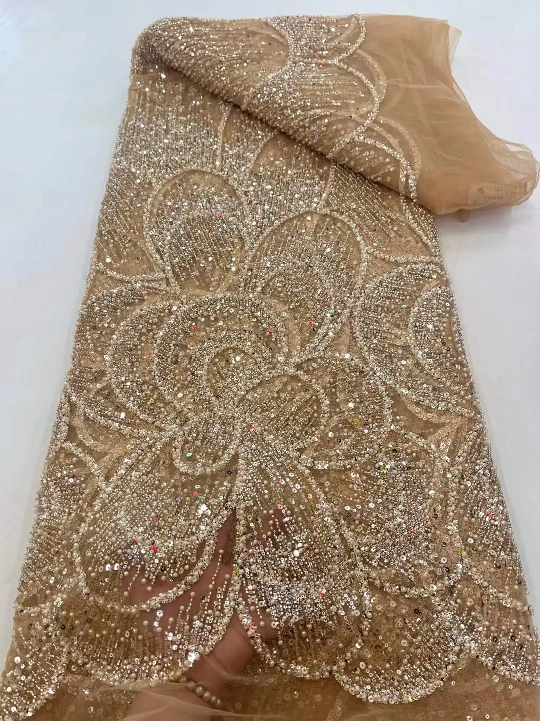 Tela de encaje de lentejuelas africanas, tela de encaje pesado francés con cuentas pesadas de alta calidad, Nigeria para vestido de fiesta nupcial