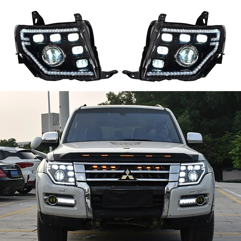 Car DRL Dynamic Turn Signal Angel Eye LED Projector Lens Headlight For Pajero V97 V93 V95 Bi Xenon Bulb Fog Lights Head Lamp