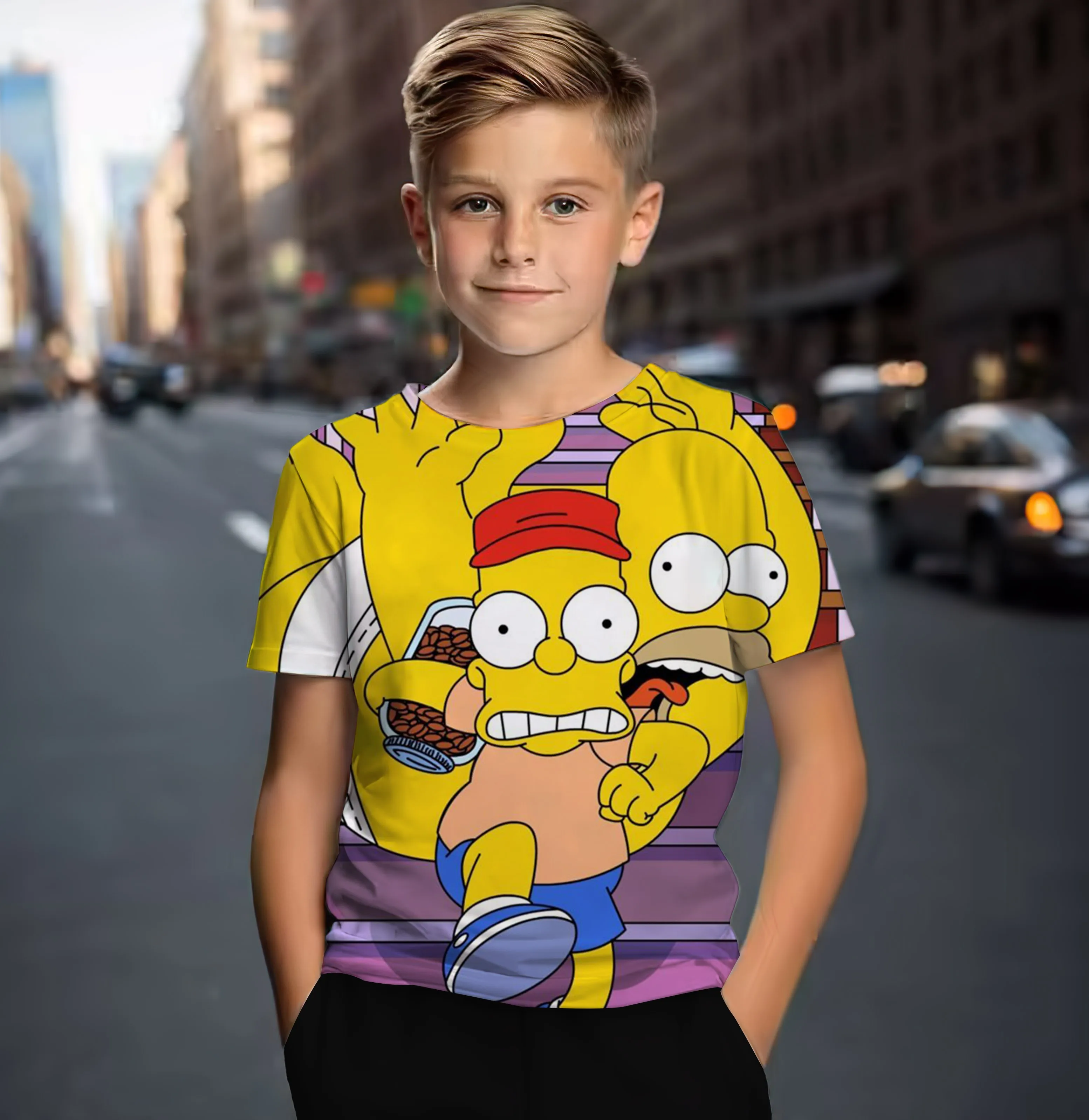 2024 Summer New Simpsons T-shirt Boys and Girls Cartoon Print Outdoor Casual Lightweight Fashion Round Neck Short Sleeve Top